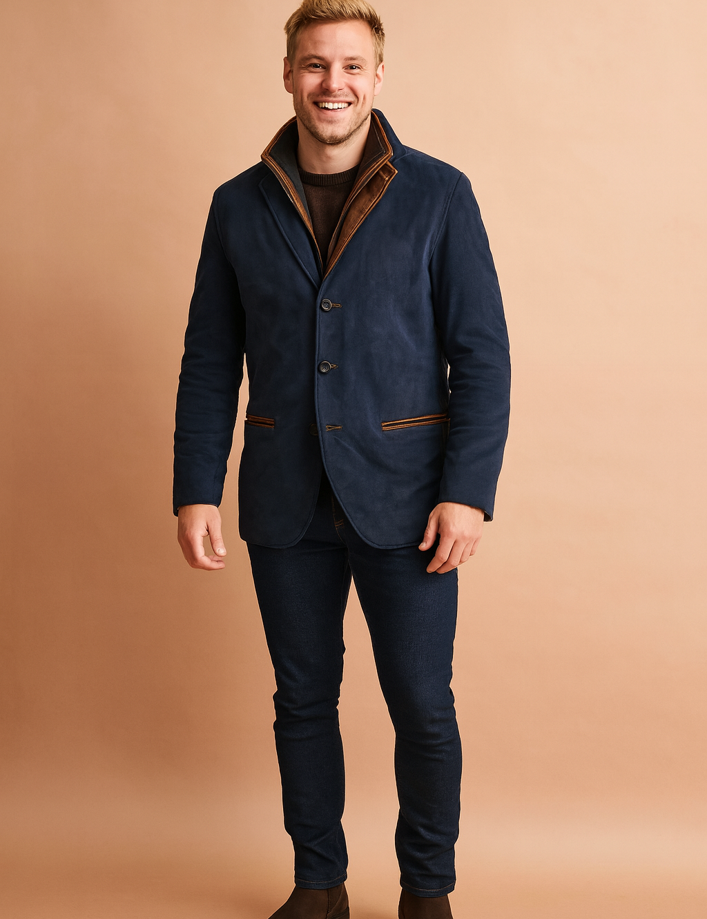 Navy blue blazer with brown trim details, button-down closure, tailored cut, paired with slim dark jeans and brown suede Chelsea boots.