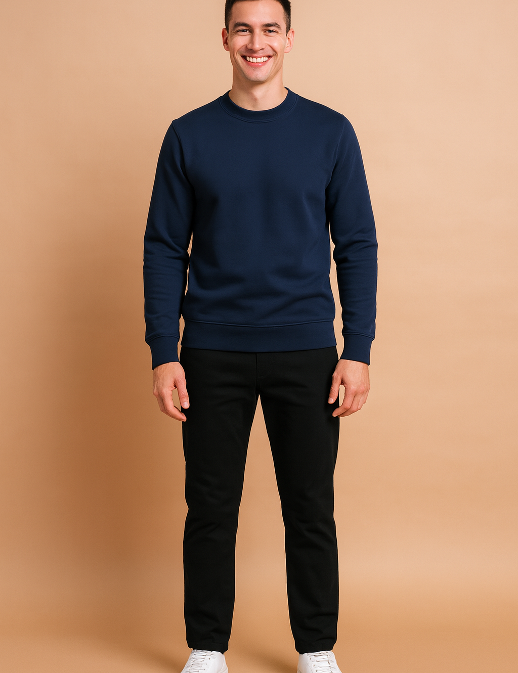 Navy blue crewneck sweatshirt with ribbed cuffs and hem, designed for a clean, modern casual look.