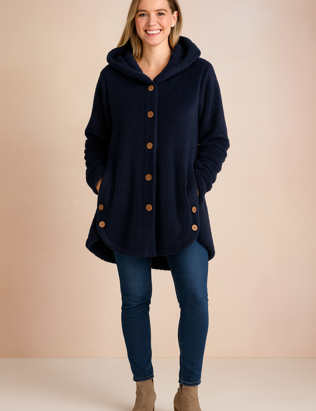 Navy Blue fleece hooded button-up jacket with front pockets, designed for women. Features a mid-thigh length, long sleeves, and cozy sherpa-style fabric for warmth and comfort