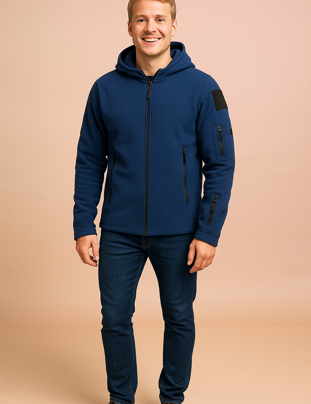Navy blue fleece hooded jacket with multiple zippered pockets, durable fabric texture, and a modern full-zip front design