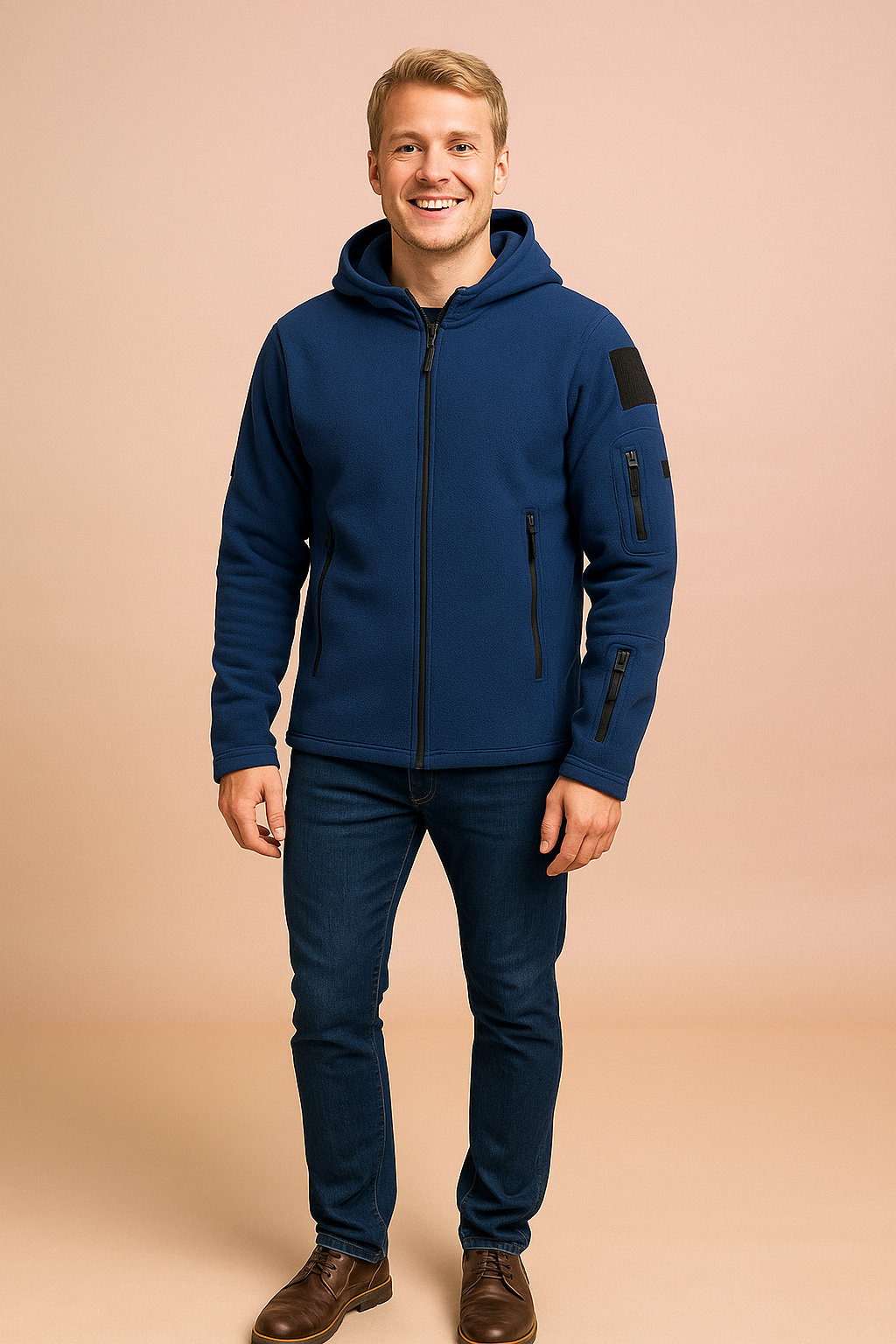 Navy blue fleece hooded jacket with multiple zippered pockets, durable fabric texture, and a modern full-zip front design