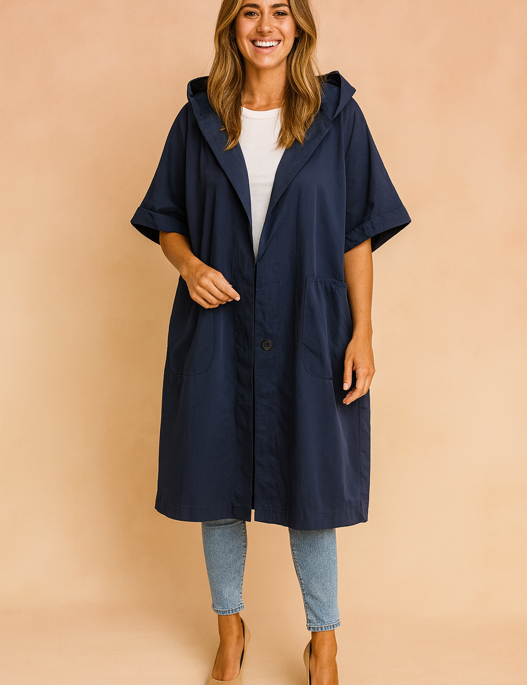Oversized navy blue hooded coat with short sleeves, single button closure, and two large front pockets, styled with light blue slim-fit jeans and beige suede pumps for a relaxed yet chic look.