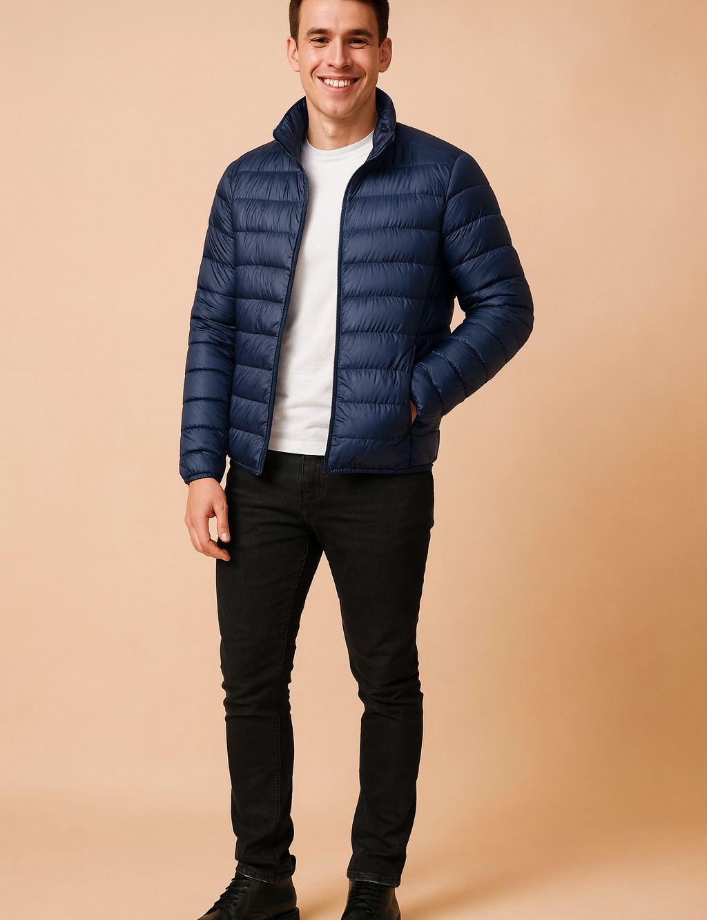 Navy blue lightweight puffer jacket with horizontal quilting, front zipper closure, and stand-up collar, styled with slim-fit black pants and black leather boots.