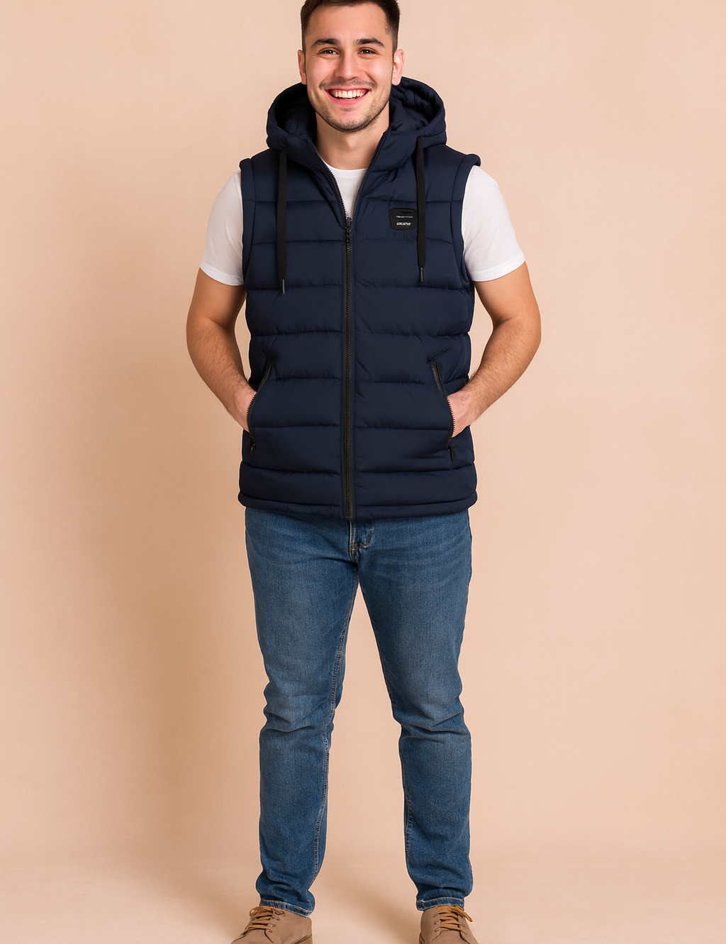 Men’s navy blue sleeveless padded vest with hood, front zipper closure, and two side zip pockets, styled over a white t-shirt and dark denim jeans.