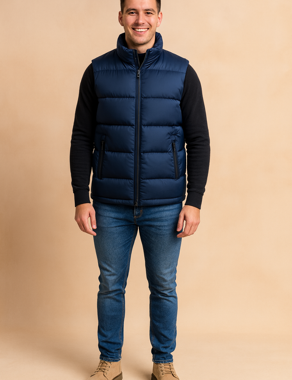 Men’s navy blue padded sleeveless vest with high collar, zip closure, and dual zippered side pockets, designed for casual outdoor wear and layering.