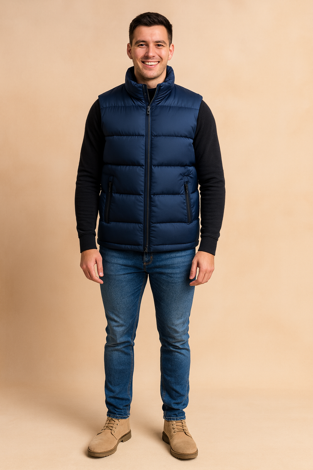 Men’s navy blue padded sleeveless vest with high collar, zip closure, and dual zippered side pockets, designed for casual outdoor wear and layering.