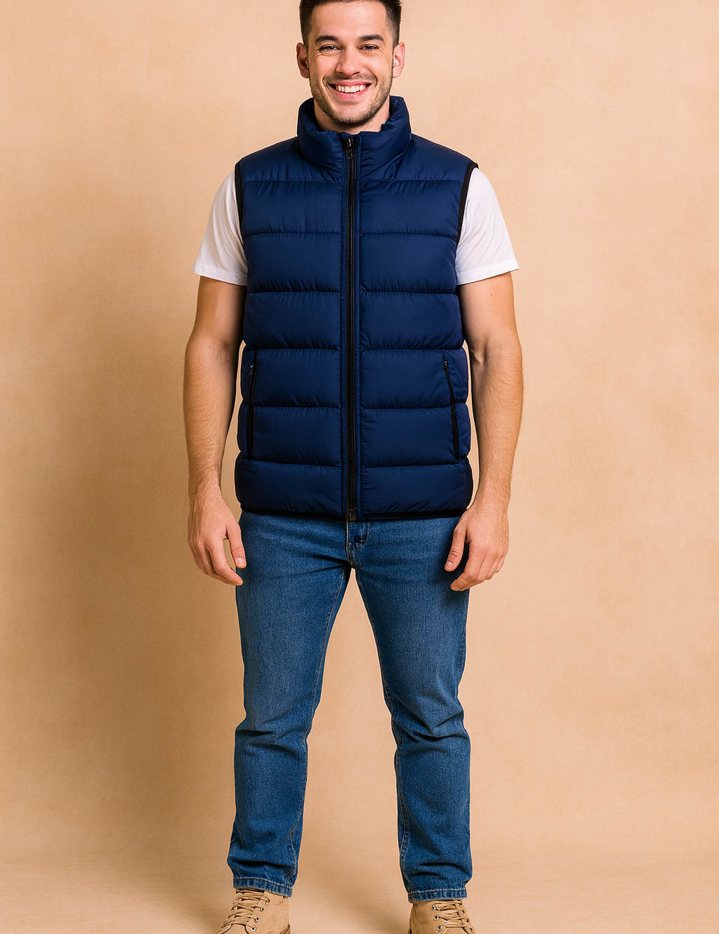 Navy blue quilted puffer vest for men featuring a zip-up front and two side pockets, styled for casual winter wear with a sleek, minimal design