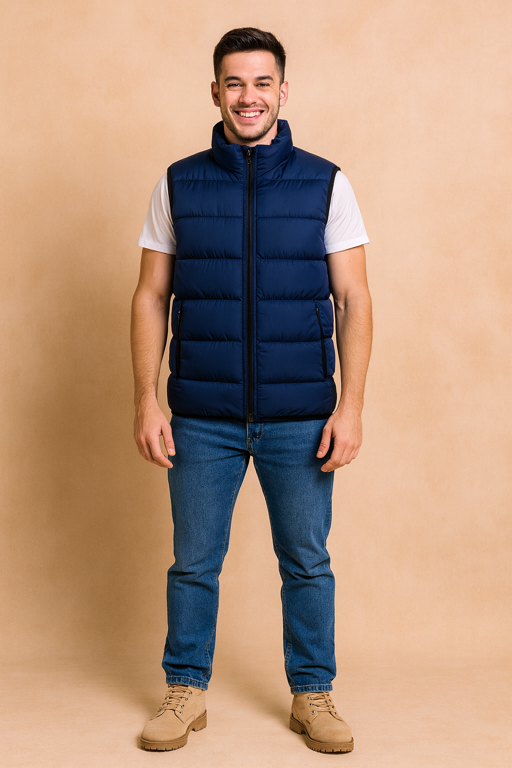 Navy blue quilted puffer vest for men featuring a zip-up front and two side pockets, styled for casual winter wear with a sleek, minimal design