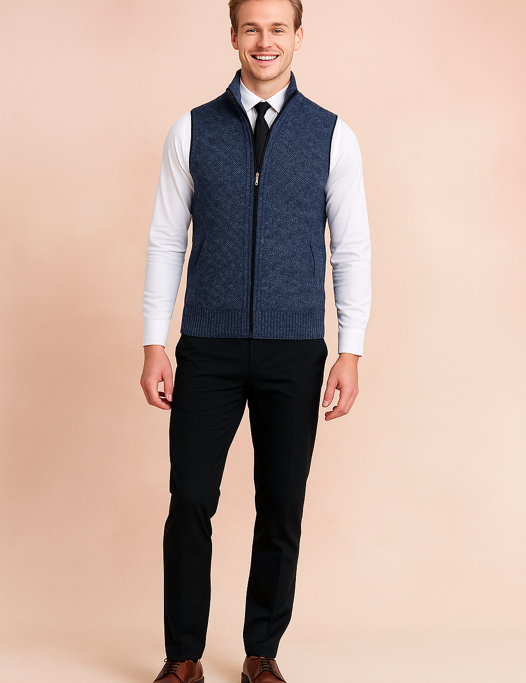 Navy blue zip-up sweater vest with subtle textured pattern, worn over a white dress shirt and black tie, paired with black dress pants.