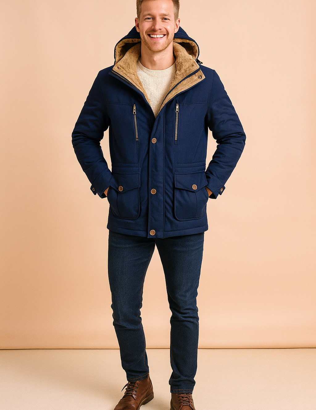 Navy blue winter jacket with beige fur lining, detachable hood, front zipper and button closure, two chest zip pockets, and two flap front pockets.