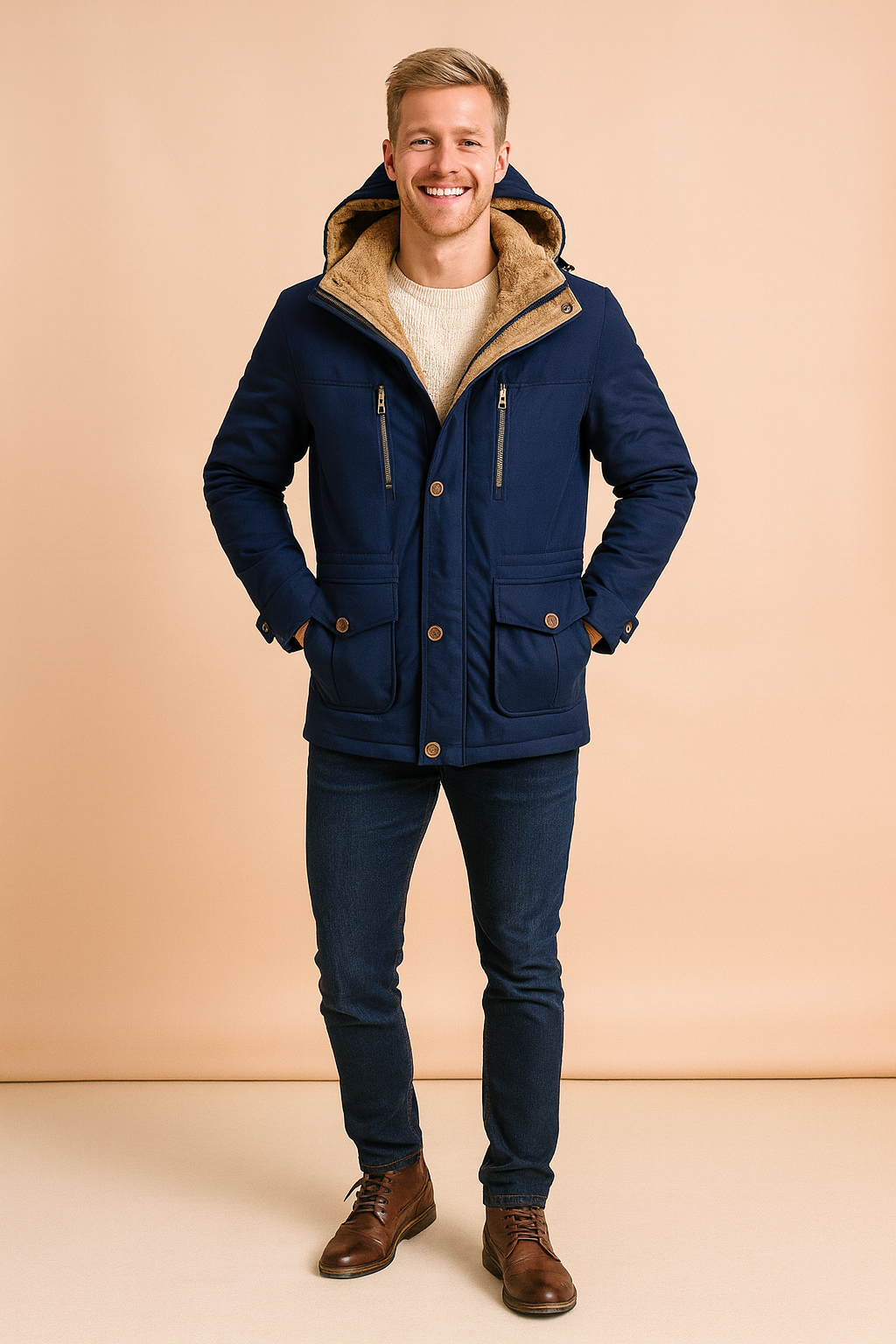 Navy blue winter jacket with beige fur lining, detachable hood, front zipper and button closure, two chest zip pockets, and two flap front pockets.
