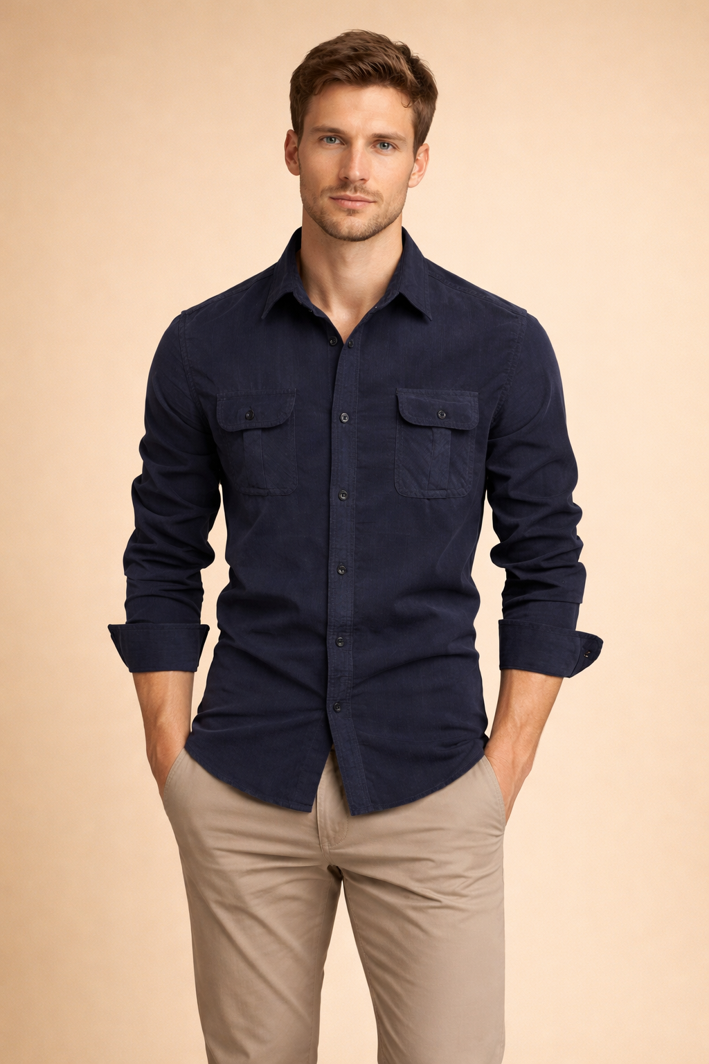 Navy long-sleeve button-up shirt with dual flap chest pockets and a clean structured fit, paired with beige straight-leg chinos for a refined casual look.