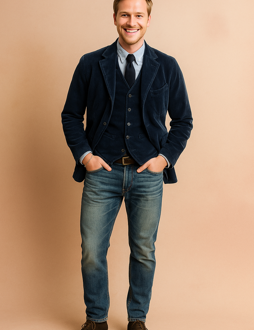 Men’s navy corduroy blazer with matching vest, light blue striped dress shirt, black tie, distressed denim jeans, and brown suede shoes.