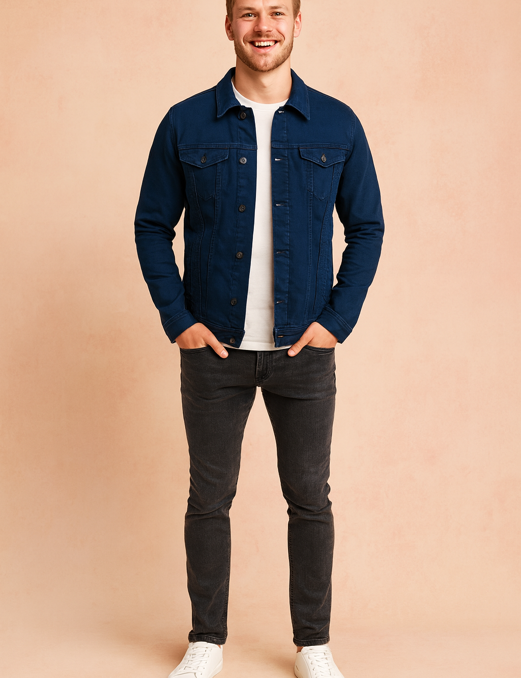 Dark navy blue denim jacket with front button closure, two flap chest pockets, long sleeves, and a straight hem, styled over a plain white t-shirt with slim dark jeans and white sneakers.