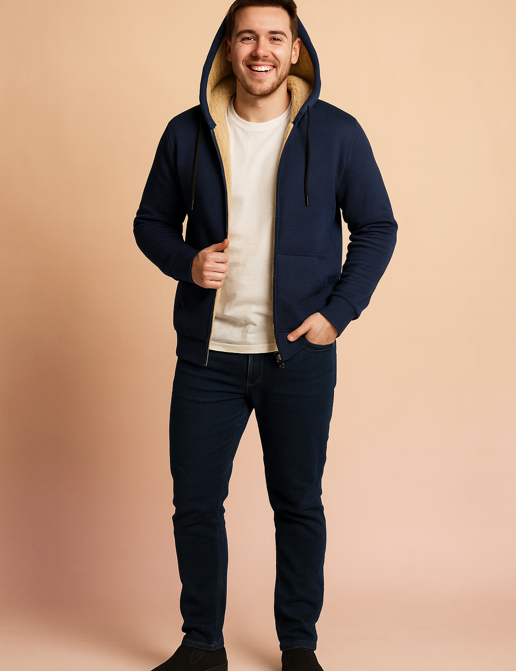 Men’s navy blue fleece-lined hoodie jacket with zip closure, drawstring hood, and warm beige sherpa interior for winter comfort.