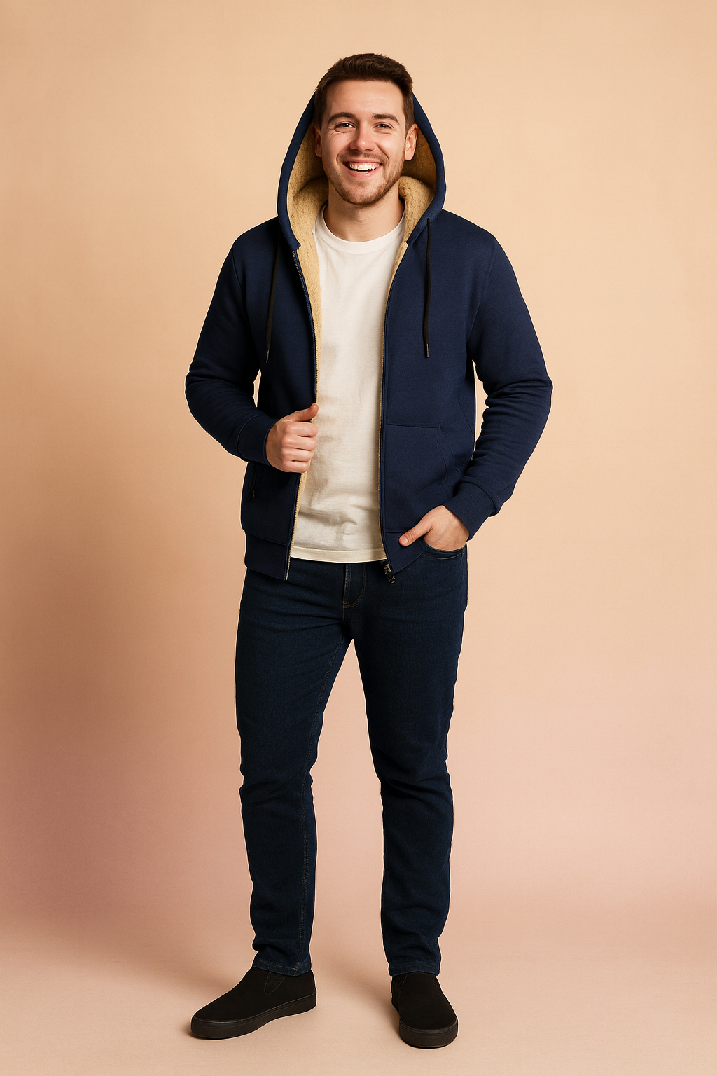 Men’s navy blue fleece-lined hoodie jacket with zip closure, drawstring hood, and warm beige sherpa interior for winter comfort.