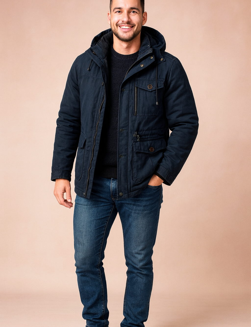 Dark navy winter parka jacket with fleece lining, multi-pocket design, button and zip closure, and adjustable hood for maximum warmth and style.