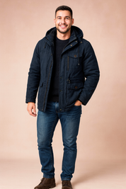 Dark navy winter parka jacket with fleece lining, multi-pocket design, button and zip closure, and adjustable hood for maximum warmth and style.