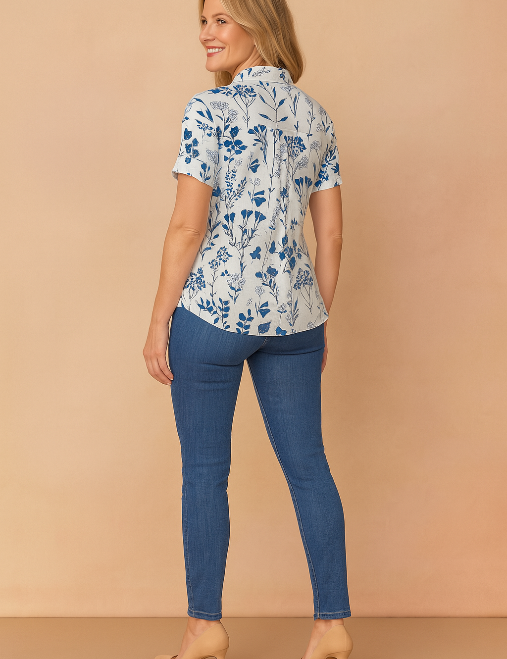 White short-sleeve blouse with navy botanical print, styled with slim-fit mid-wash denim jeans and beige heels.