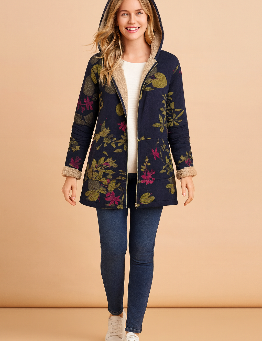 Navy floral hooded jacket with beige fleece lining, tailored fit, button-down closure, and vibrant floral print in pink, green, and yellow tones.