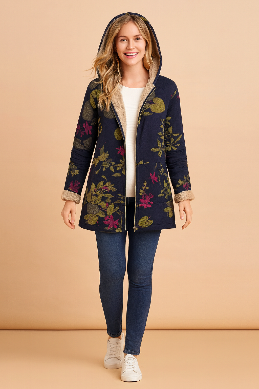 Navy floral hooded jacket with beige fleece lining, tailored fit, button-down closure, and vibrant floral print in pink, green, and yellow tones.