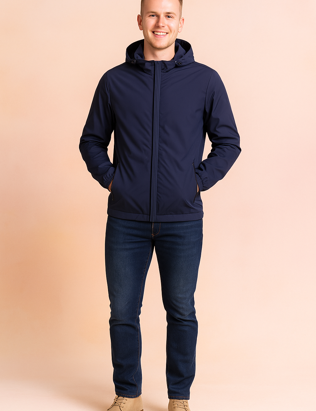 Navy blue hooded windbreaker jacket with front zipper and zippered side pockets, styled with slim dark denim jeans and beige suede shoes.