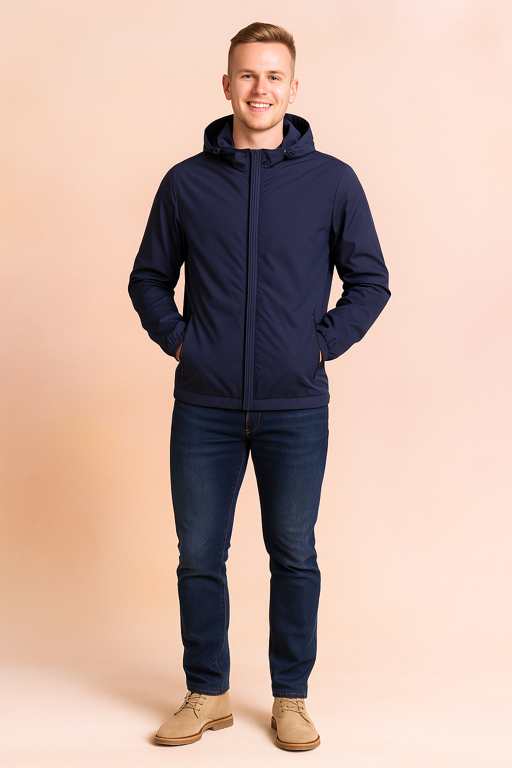 Navy blue hooded windbreaker jacket with front zipper and zippered side pockets, styled with slim dark denim jeans and beige suede shoes.