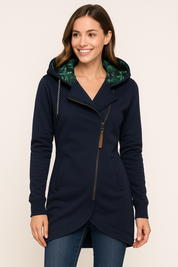 Women's navy zip hoodie with tropical leaf-lined hood, curved hem, and leather zipper pull, styled with ribbed cuffs and welt pockets.