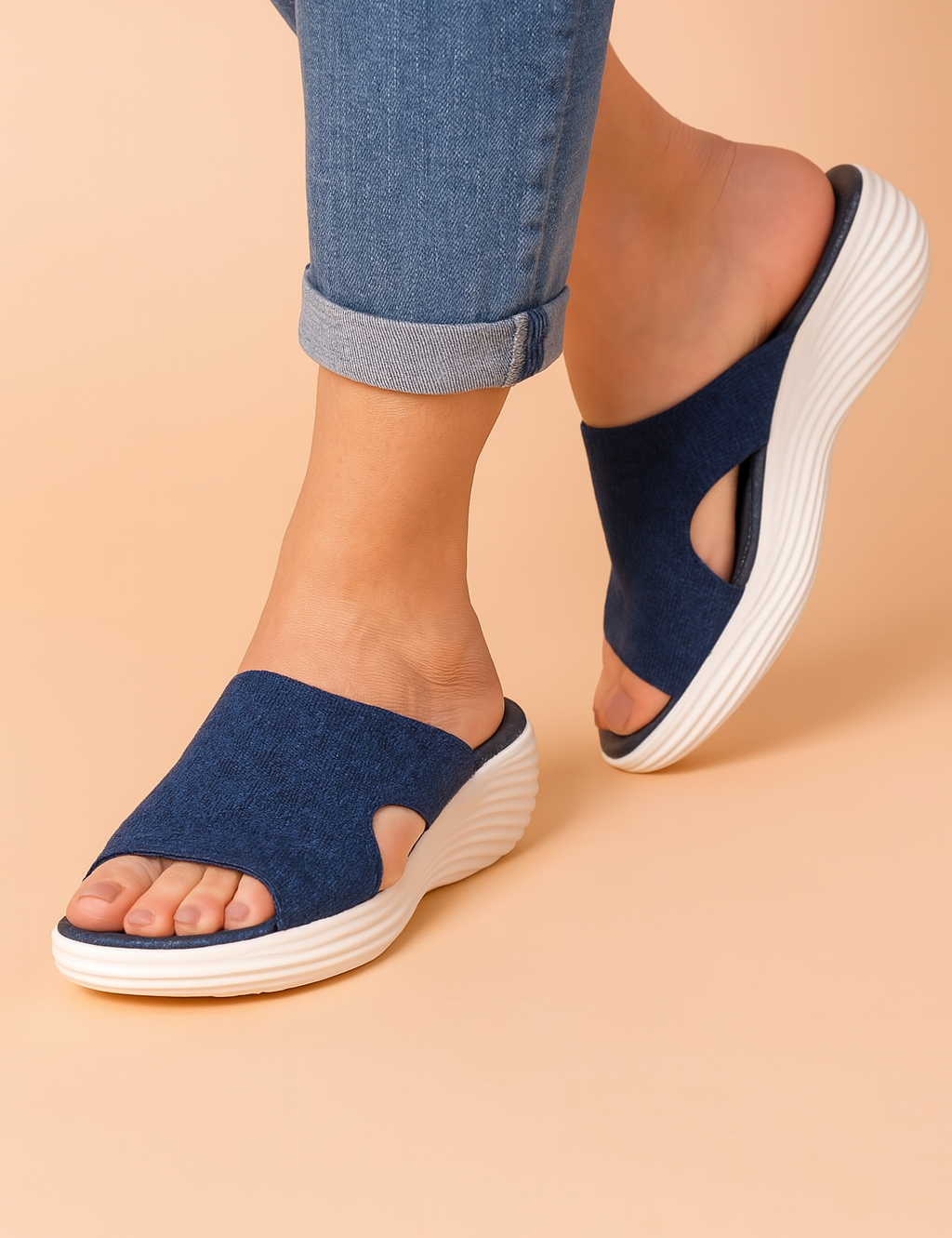 Navy blue knit platform slide sandals with textured stretch fabric upper, featuring side cutouts and contoured white ridged soles for added height and comfort.