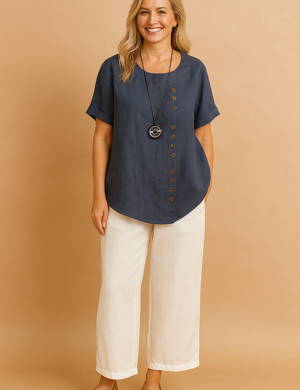 Navy blue short-sleeve linen blouse featuring a round neckline and asymmetrical wooden button detailing down the front, styled with off-white wide-leg pants.