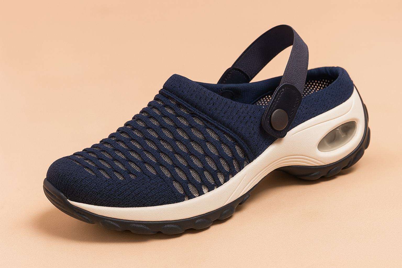 Navy blue breathable mesh clog sandal with a white cushioned sole, black treaded outsole, and a supportive rear strap with button detail.