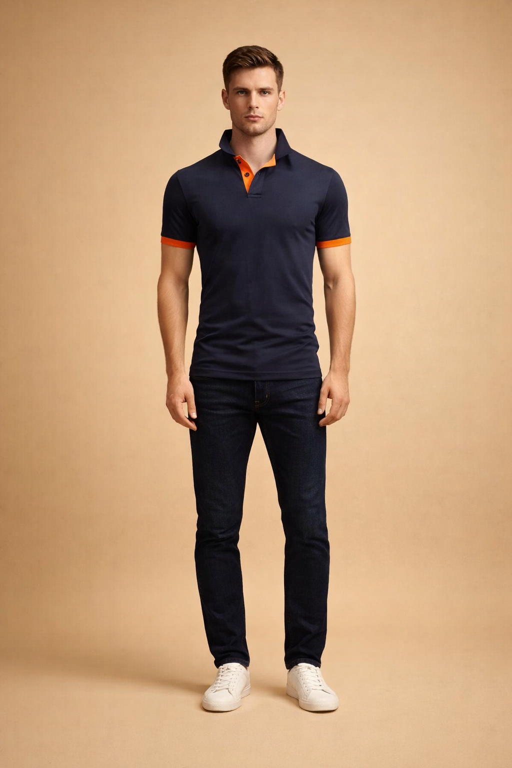 Navy blue slim-fit polo shirt with smooth cotton fabric, solid color finish, short sleeves, orange contrast collar lining and sleeve cuffs, clean button placket, tailored silhouette, and classic minimalist design