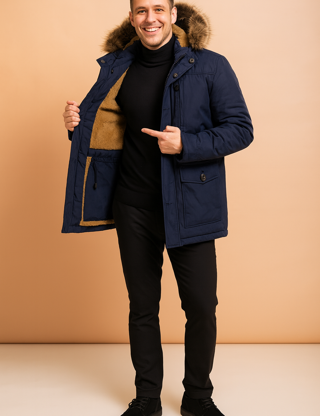 Navy blue parka jacket with faux fur-trimmed hood, front zip and button closure, side flap pockets, and warm brown fleece lining for winter wear
