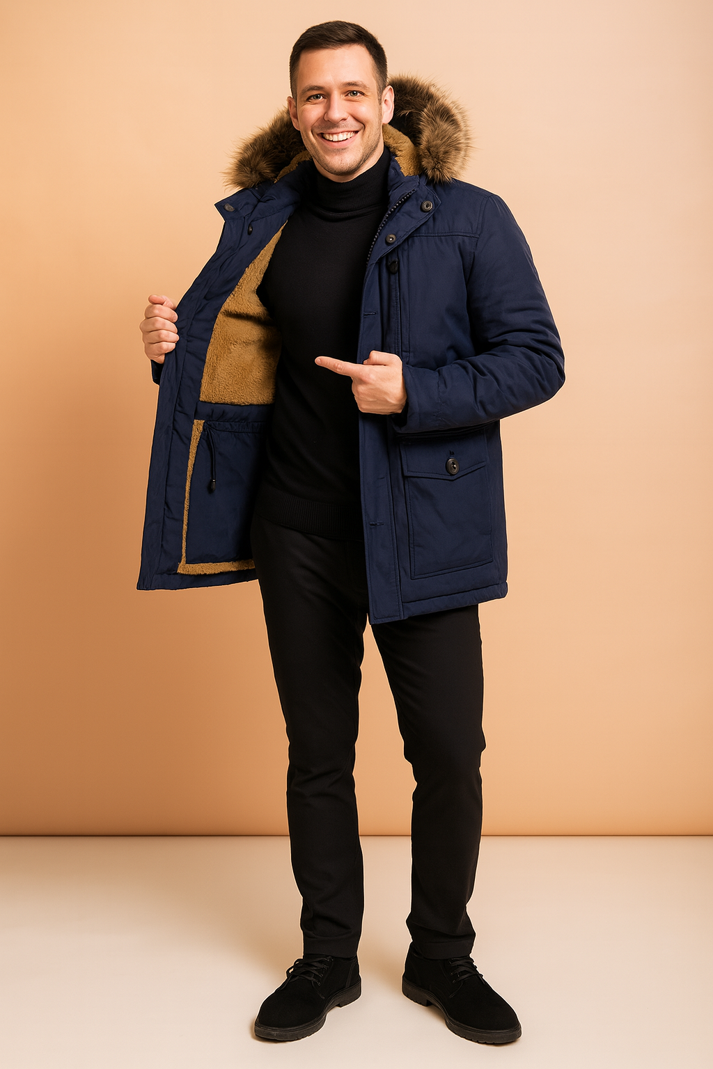Navy blue parka jacket with faux fur-trimmed hood, front zip and button closure, side flap pockets, and warm brown fleece lining for winter wear
