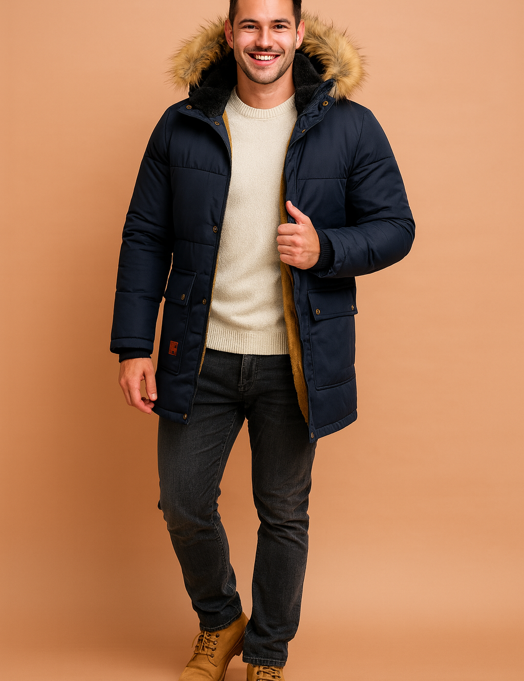 Navy blue winter parka for men with fur-trimmed hood and golden-brown fleece lining, designed for warmth, comfort, and modern style.
