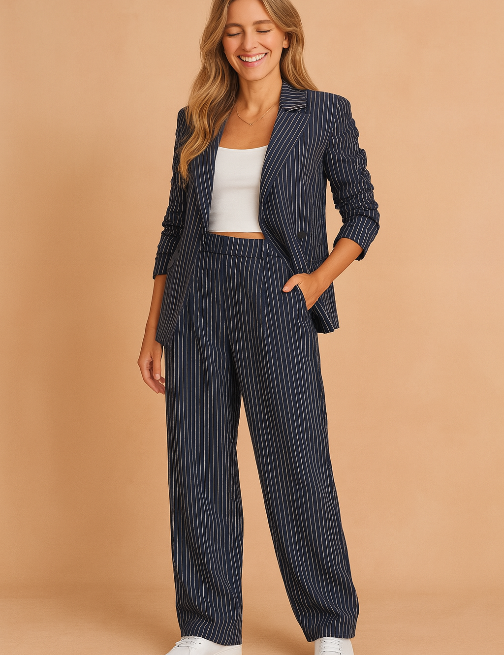 Navy blue pinstriped cropped blazer with matching wide-leg trousers, styled with a white fitted crop top and white sneakers for a modern business-casual look.