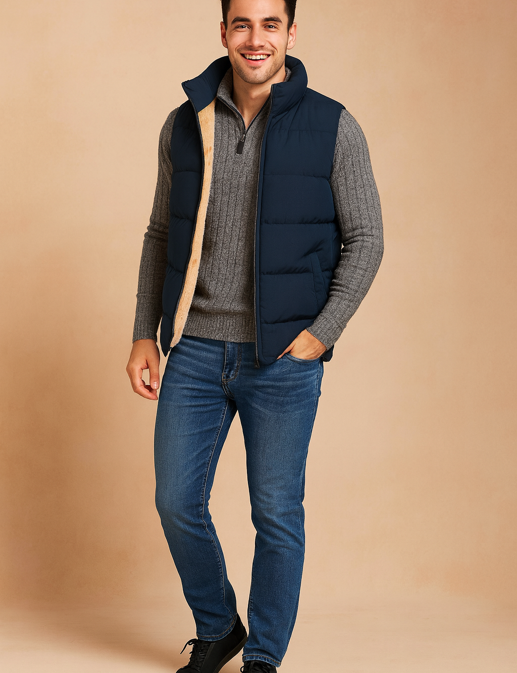 Men’s navy puffer vest with beige fleece lining, paired with a ribbed grey knit sweater and slim blue jeans, styled for casual winter wear.