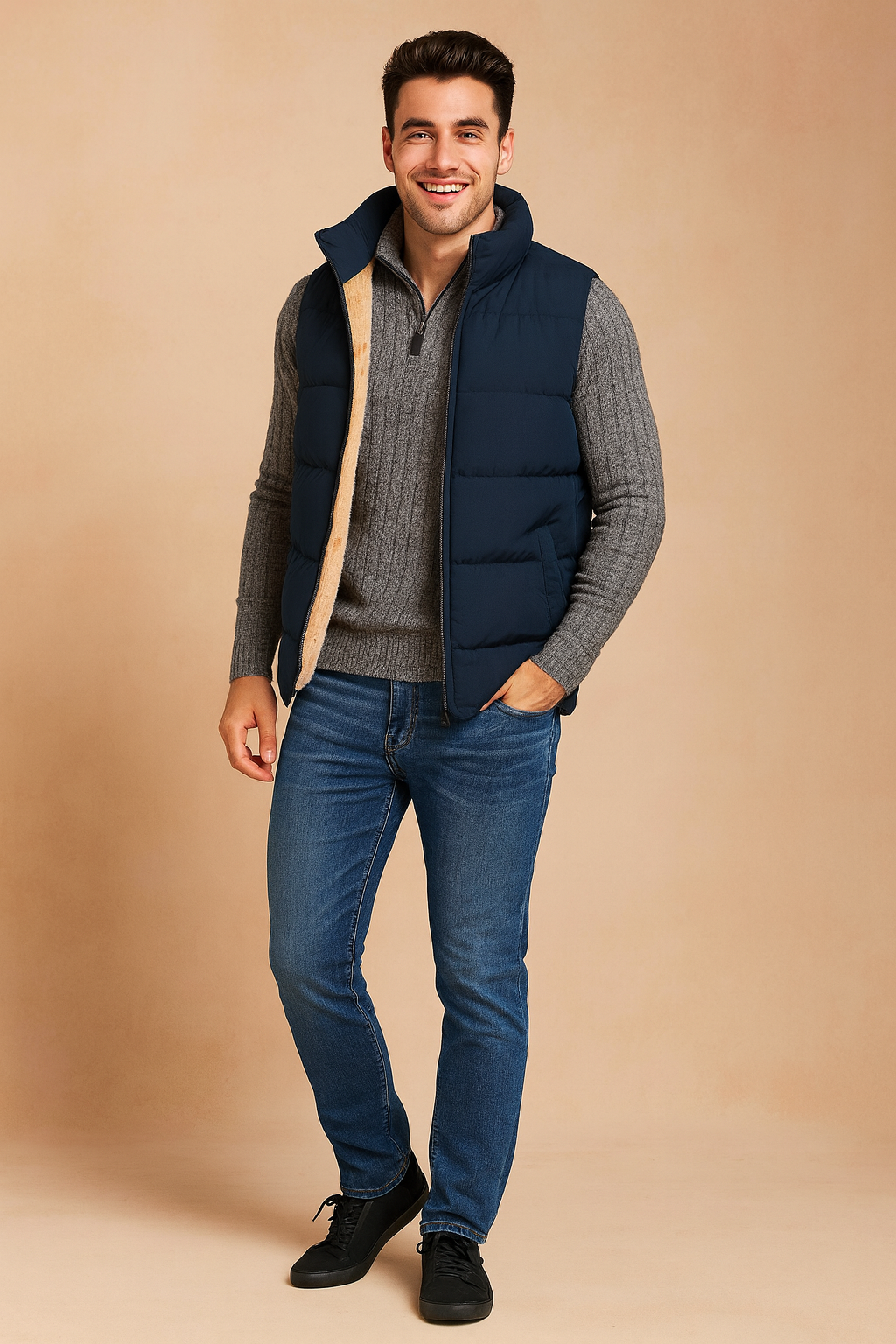 Men’s navy puffer vest with beige fleece lining, paired with a ribbed grey knit sweater and slim blue jeans, styled for casual winter wear.