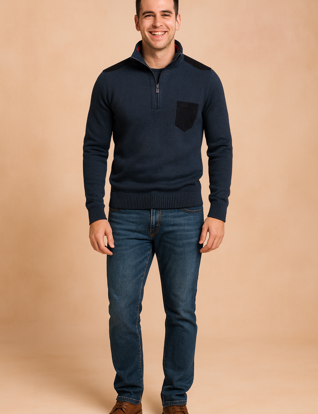 Navy quarter-zip men’s sweater with black shoulder panels and a black chest pocket, crafted in fine ribbed knit texture for a modern and stylish look.