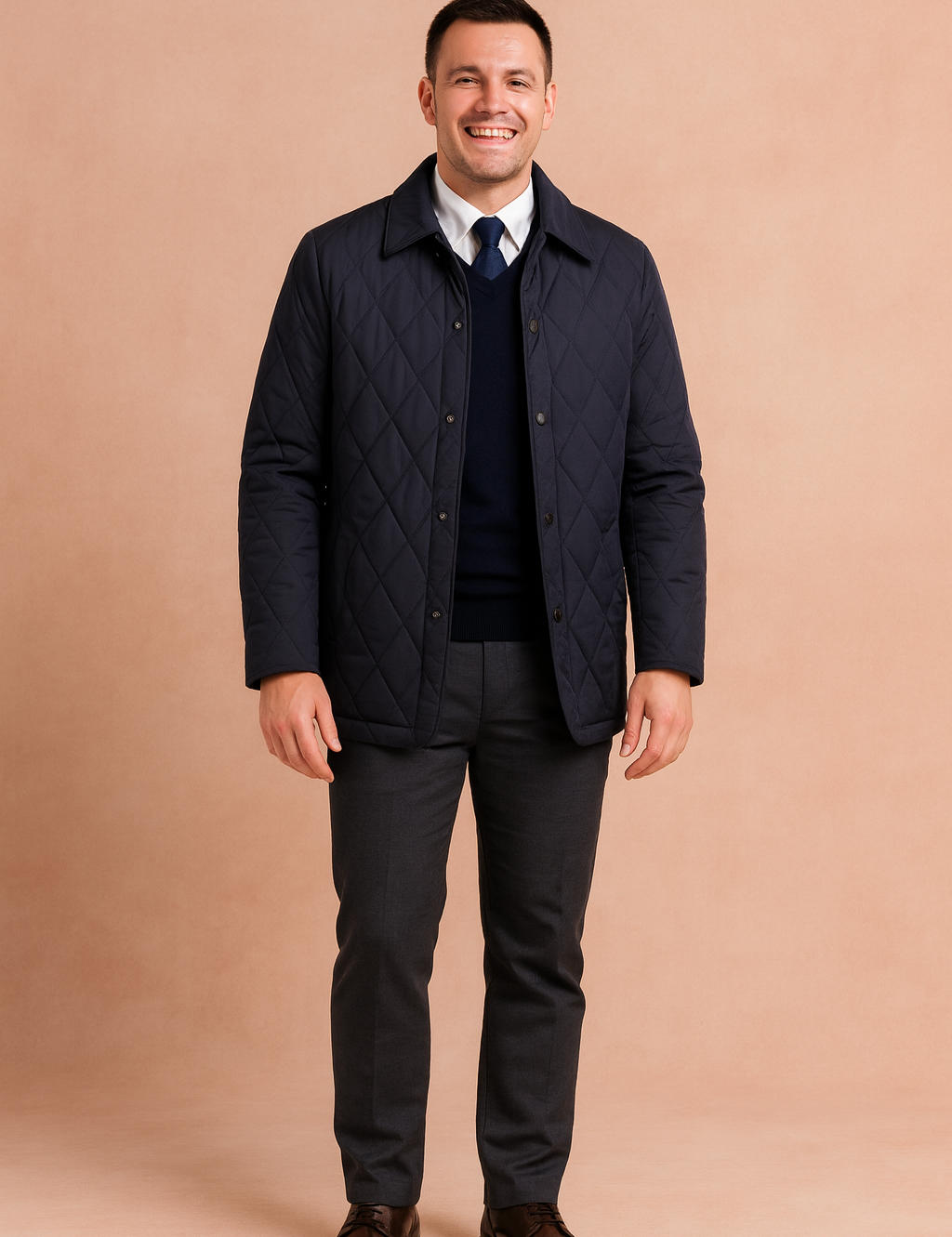 Navy blue quilted men's jacket with diamond pattern, button closure, and classic collar.