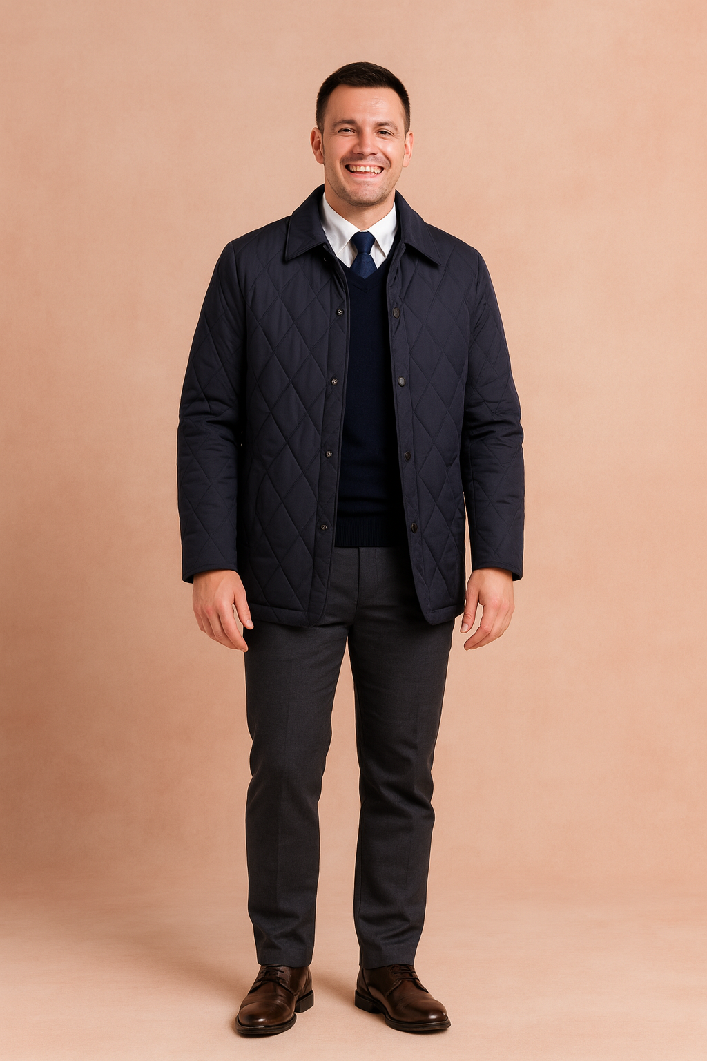 Navy blue quilted men's jacket with diamond pattern, button closure, and classic collar.