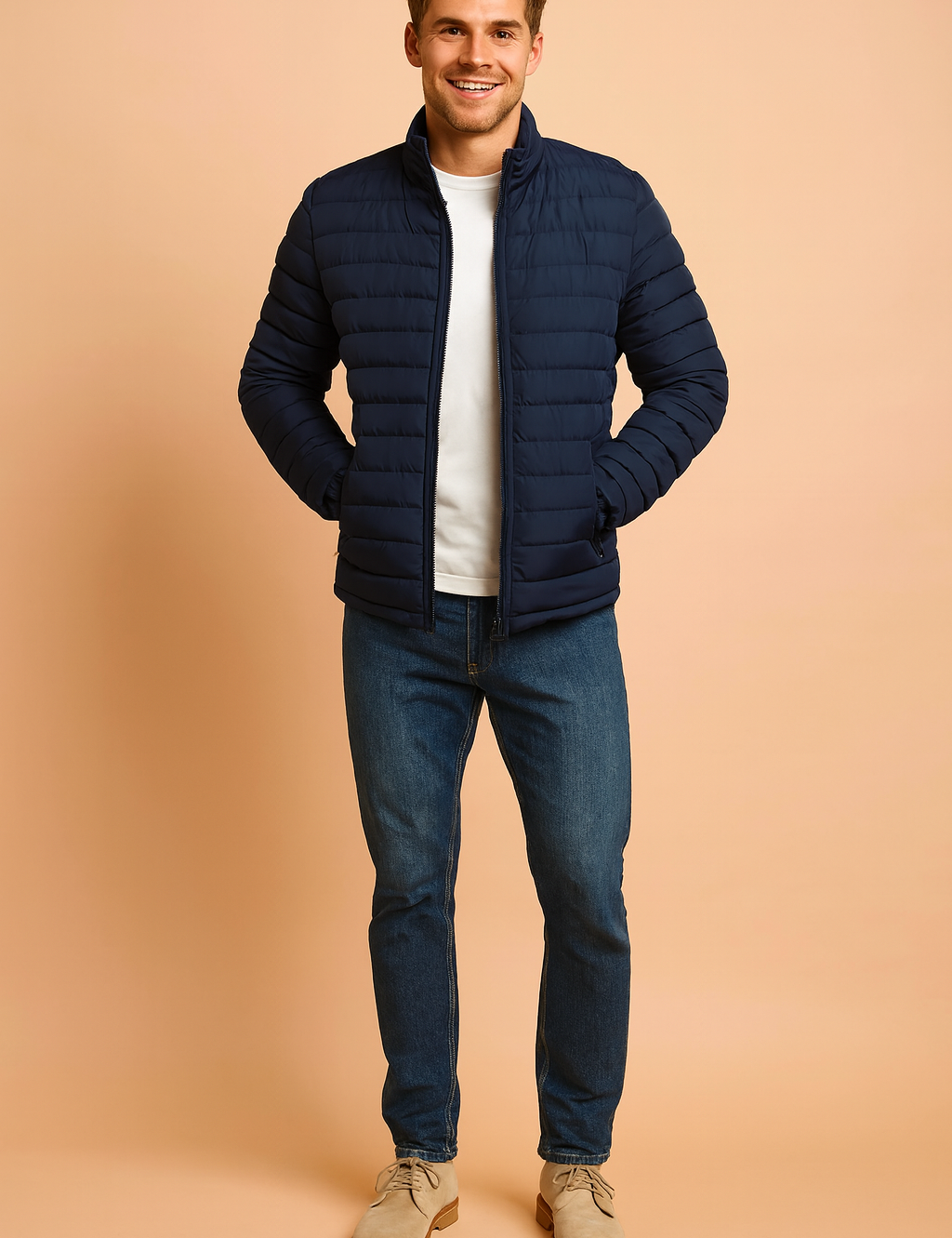 Navy quilted puffer jacket with zip closure, horizontal stitching, paired with a white shirt, blue jeans, and beige suede shoes.