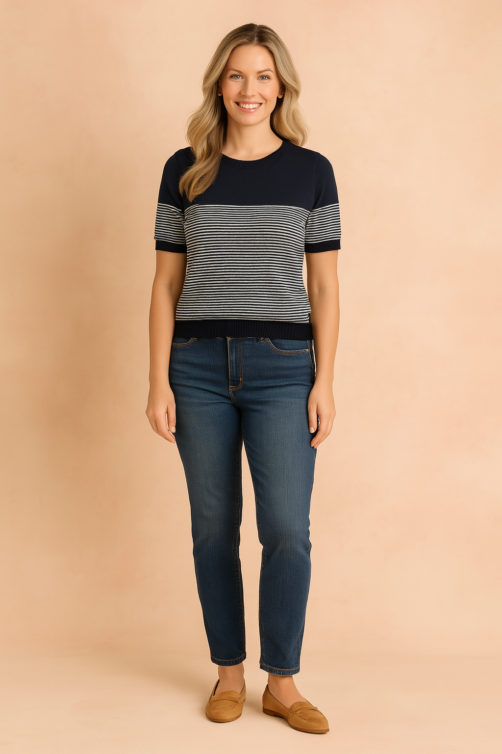 Navy blue and white striped short-sleeve sweater with ribbed neckline, cuffs, and hem, paired with classic dark-wash jeans.