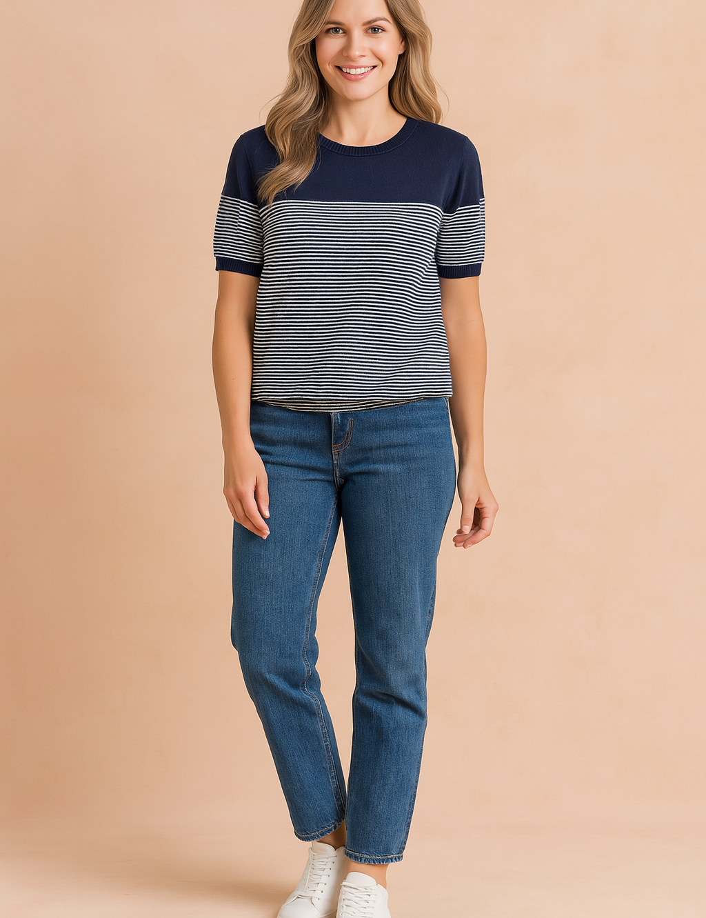 Short-sleeve navy blue and white striped knit top with solid navy shoulders and neckline, paired with medium-wash straight-leg jeans and white sneakers.