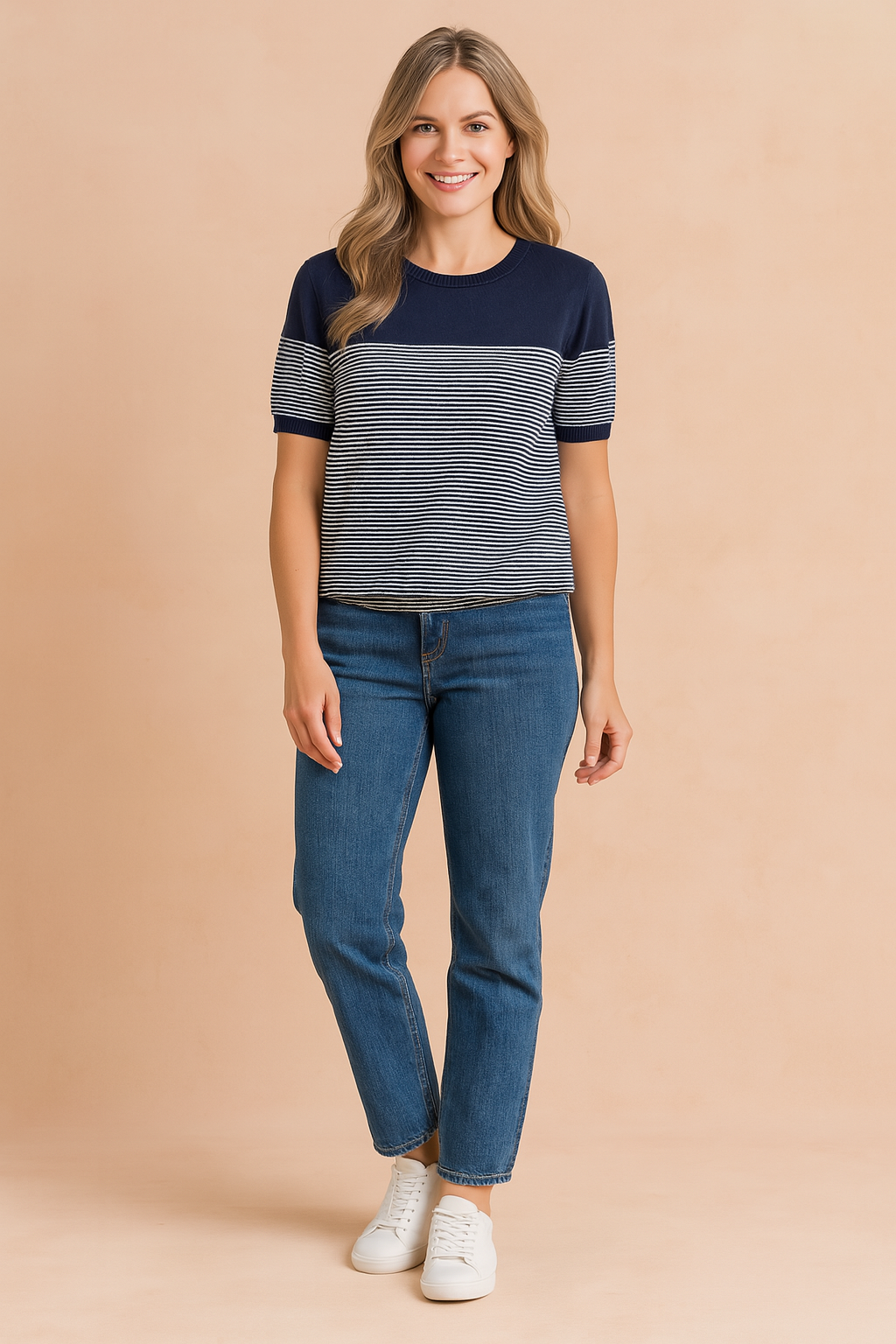 Short-sleeve navy blue and white striped knit top with solid navy shoulders and neckline, paired with medium-wash straight-leg jeans and white sneakers.