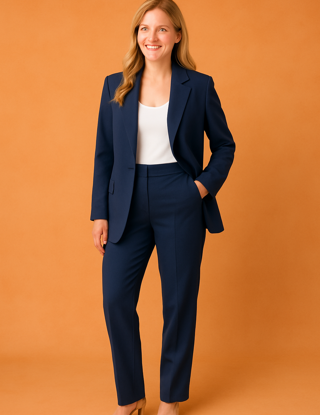 Navy-blue tailored blazer and straight-leg trousers styled with a white tank top and nude heels, worn by a blonde model on an orange sandy backdrop.