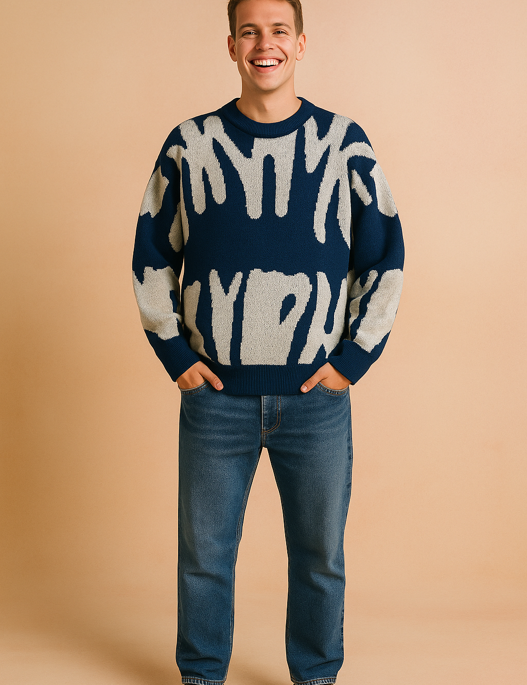 Navy blue sweater with bold white abstract brushstroke pattern, paired with medium-wash jeans and black leather shoes.