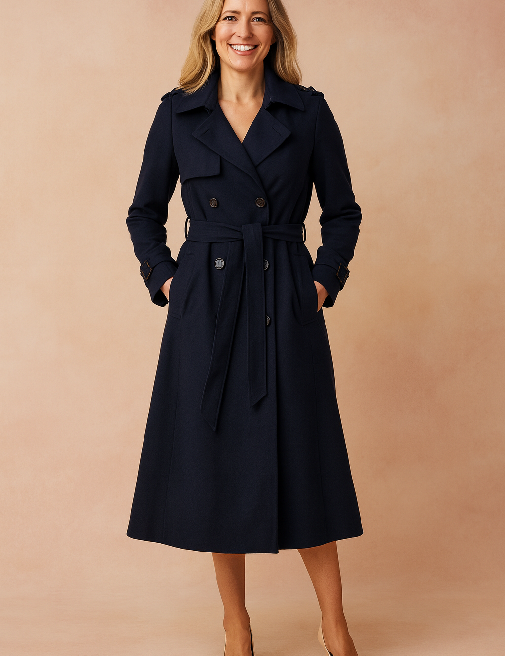 Elegant navy blue trench coat with double-breasted button design, waist belt, and long flared hem, paired with nude pointed-toe heels.