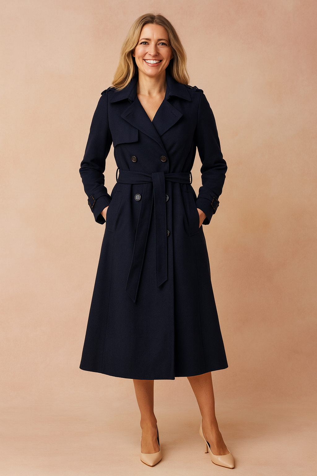Elegant navy blue trench coat with double-breasted button design, waist belt, and long flared hem, paired with nude pointed-toe heels.
