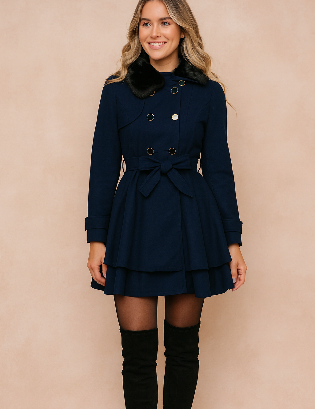 Navy blue double-breasted trench coat with gold button detailing, layered hemline, belted waist tie, and black faux fur collar, styled with sheer black tights and over-the-knee black boots.